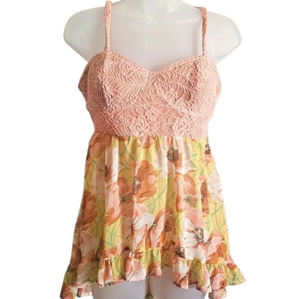 Smocked Babydoll Crochet Floral Coral Yellow Top Sz LG Y2K American Rag